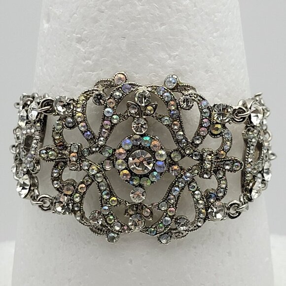 VCLM Aurora Borealis Crystal Chain Bracelet Silver-Tone Floral 8" Lobster Clasp - Picture 1 of 12